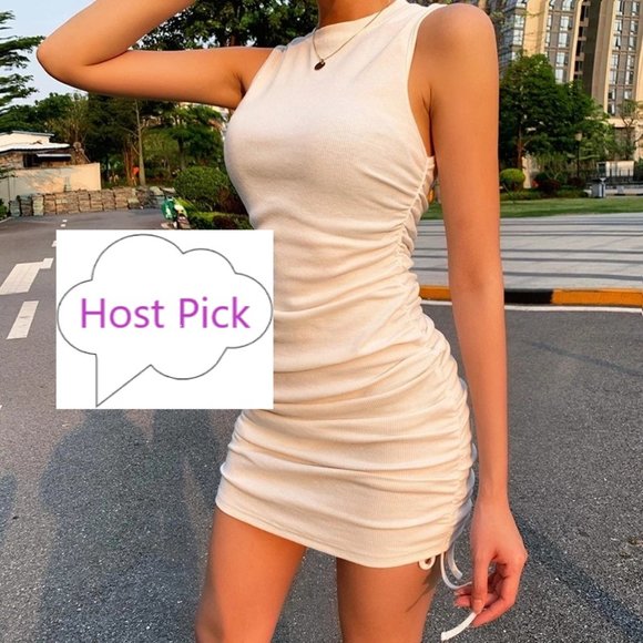 High Neck Sleeveless Dress Bodycon Ruched Dress with Drawstring Rib Knit - Picture 1 of 11